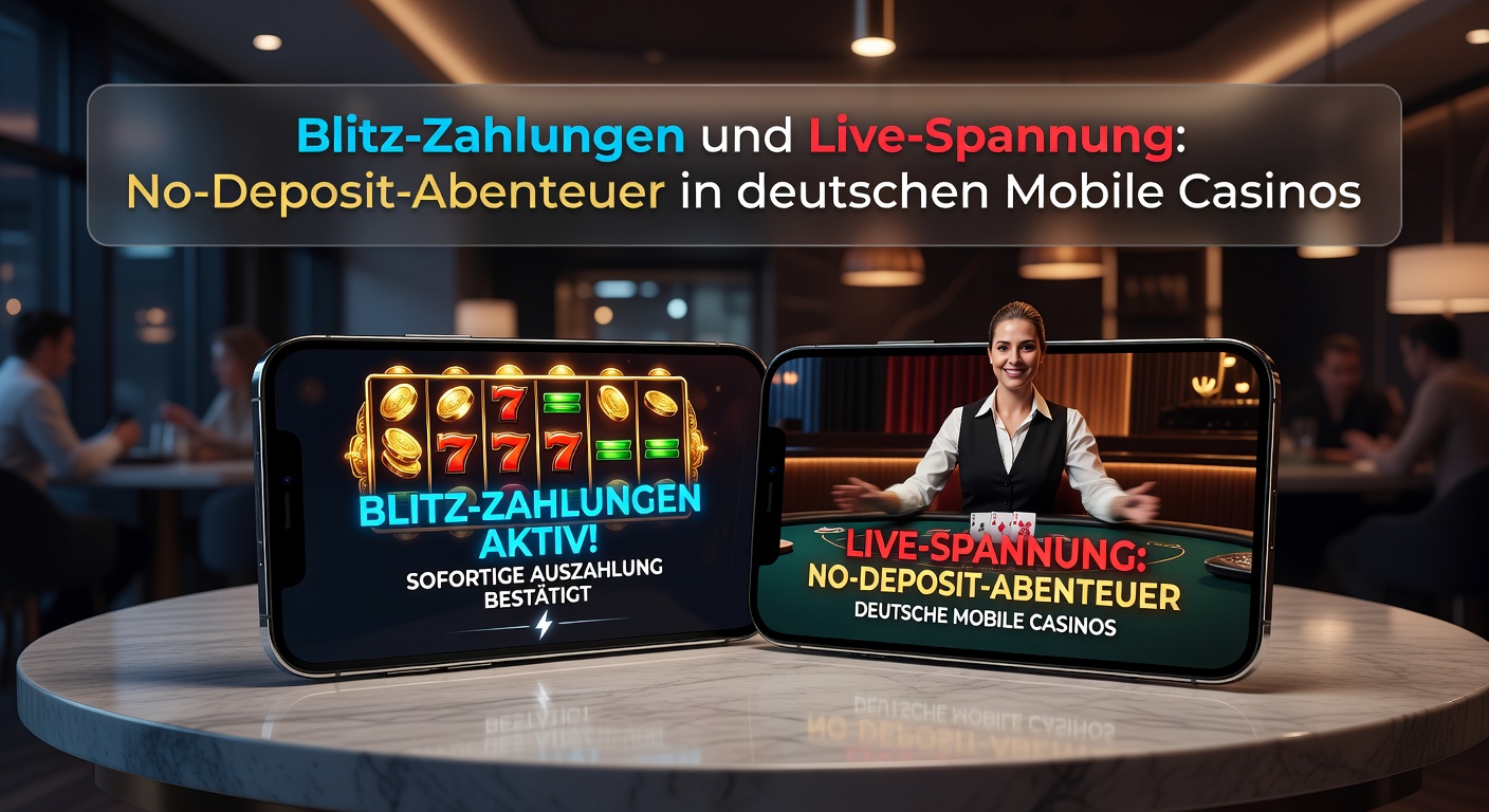 Dynamisches Bild eines Live-Casino-Streams auf Mobile-Gerät mit No-Deposit-Bonus-Pop-up und Auszahlungs-Blitz-Symbol, umgeben von deutschen Flaggen-Elementen