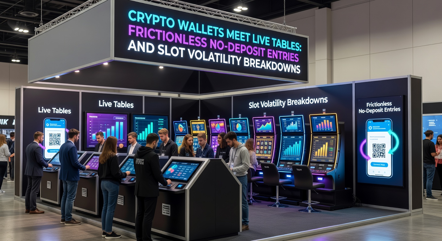 Grafik zur Slot-Volatilität mit Balkendiagrammen, Crypto-Symbolen und einem Live-Tisch im Hintergrund, die Schwankungen von High- bis Low-Volatility-Slots illustriert