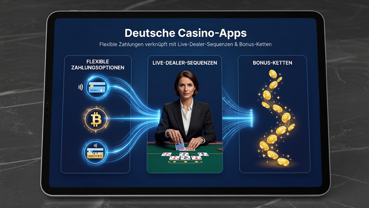 Illustration der Verknüpfung zwischen mobilen Zahlungen, Live-Dealer-Sessions und gestaffelten Bonussystemen