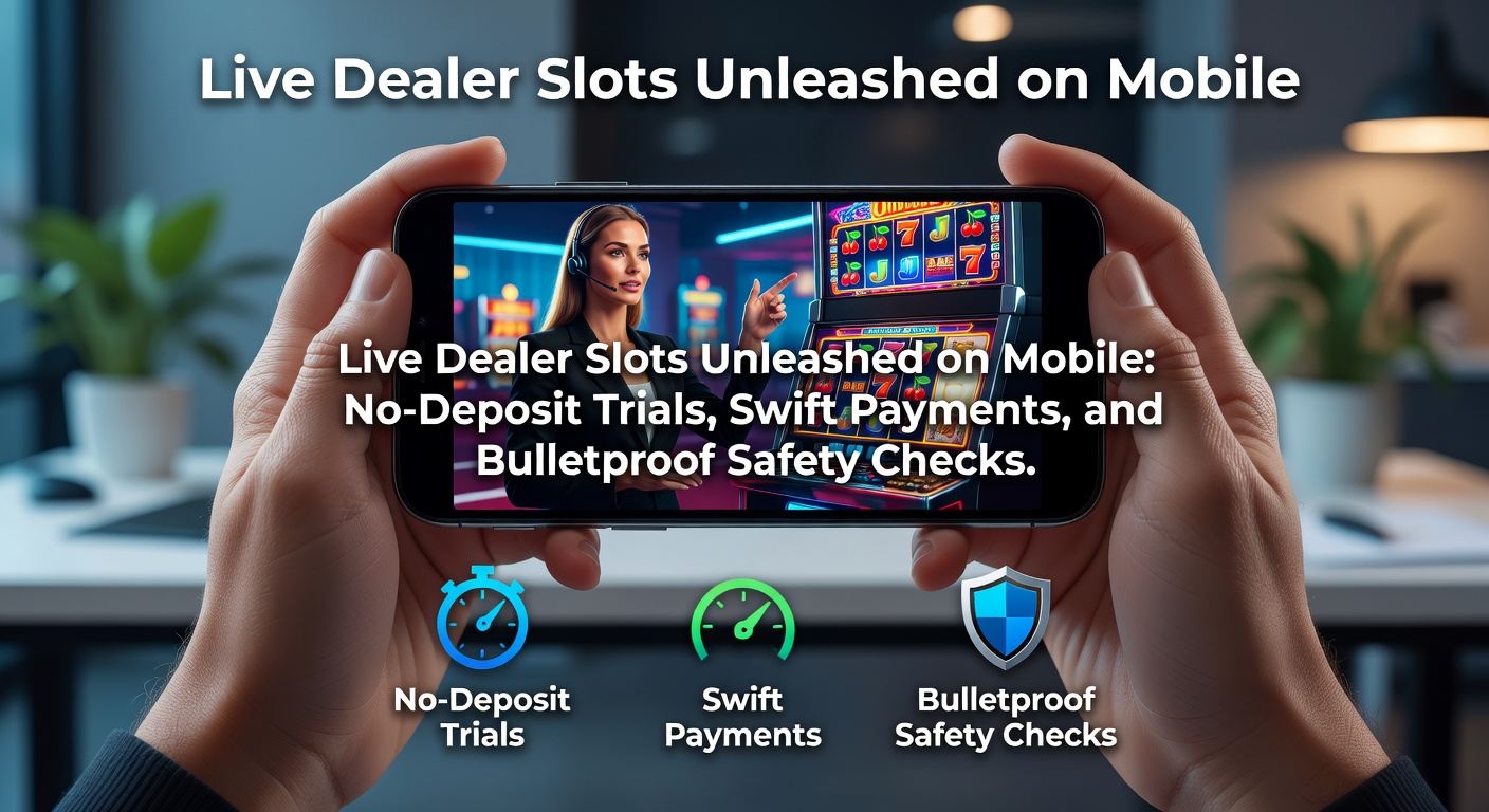 Smartphone mit Live Dealer Slot-Spiel im Vordergrund, umgeben von Grafiken zu schnellen Zahlungen und Sicherheitsikonen