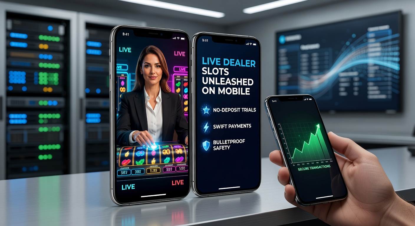 Live Dealer an einem Slot-Tisch mit mobiler App im Split-Screen, Icons für schnelle Zahlungen und Sicherheitsverifizierung sichtbar
