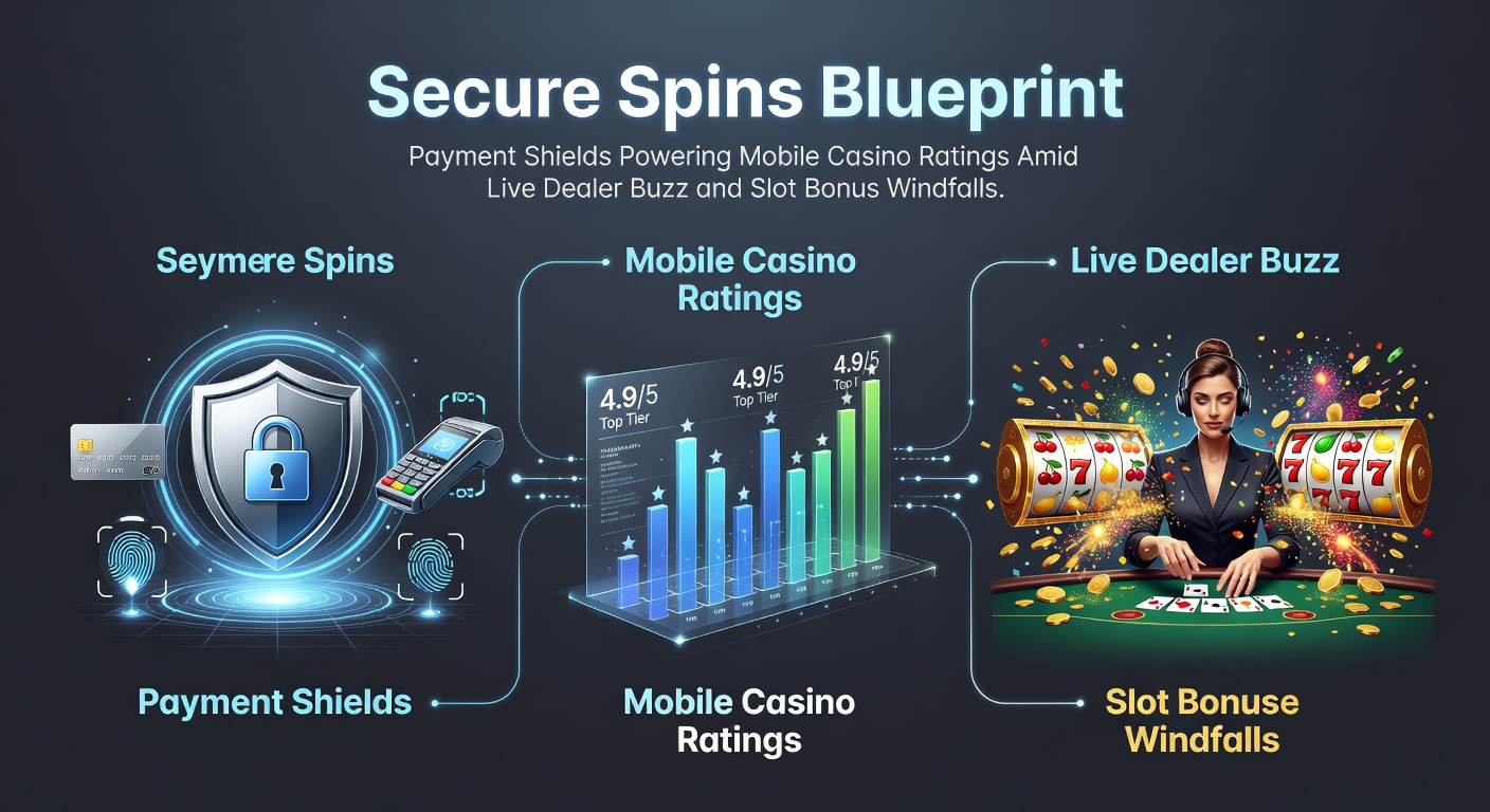 Grafik zeigt sichere Zahlungsbarrieren und mobile Casino-Apps mit Live-Dealer-Elementen und Bonus-Symbolen