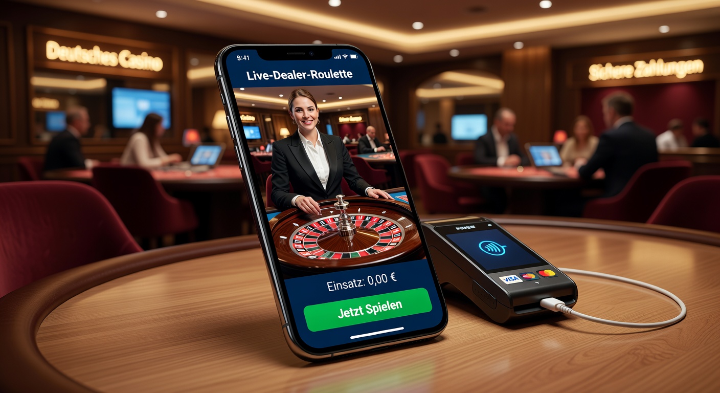 Smartphone mit Live-Dealer-Tisch in einem deutschen Online-Casino, umgeben von nahtlosen Zahlungsoptionen