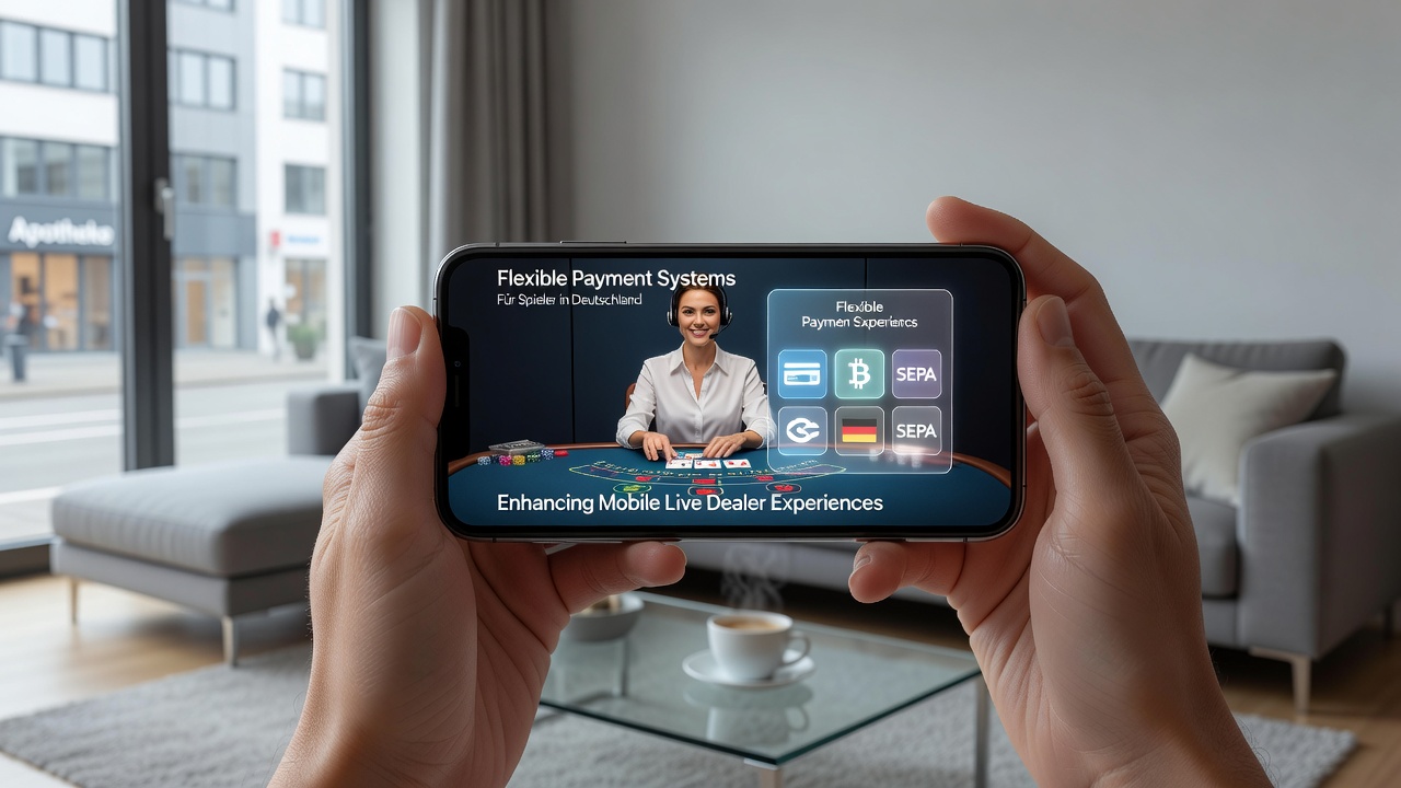 Mobile Live-Dealer-Sitzung mit integrierten Zahlungsoptionen auf einem Smartphone-Display