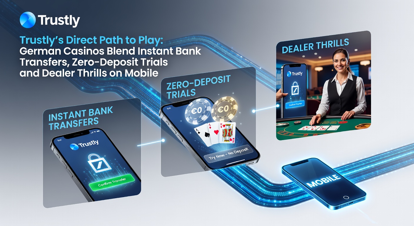 Smartphone mit Trustly-App und Live-Dealer-Tisch in einem deutschen Online-Casino, umgeben von Grafiken zu Sofortüberweisungen und risikofreien Spielen